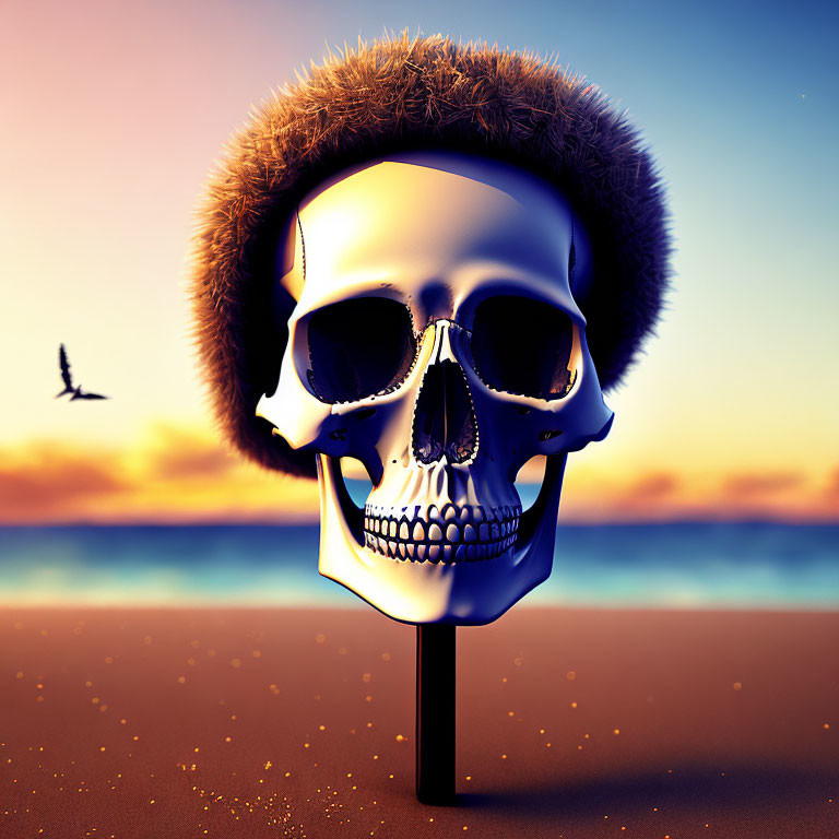 Skull with Aviator Sunglasses and Fur Hat on Beach at Sunset