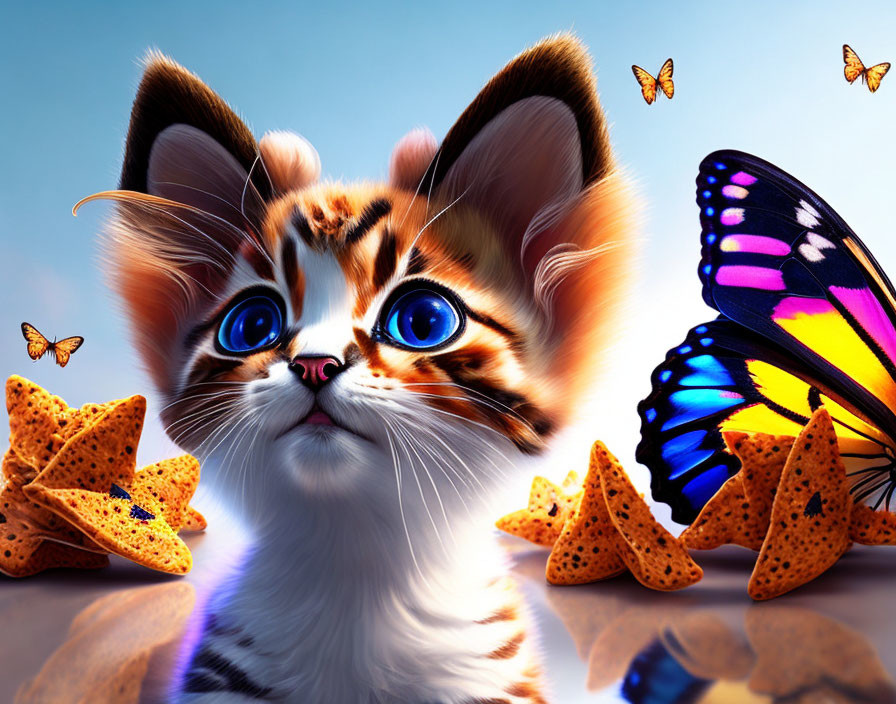 Stylized digital image: Kitten with expressive eyes, starfish, butterflies on vivid blue.