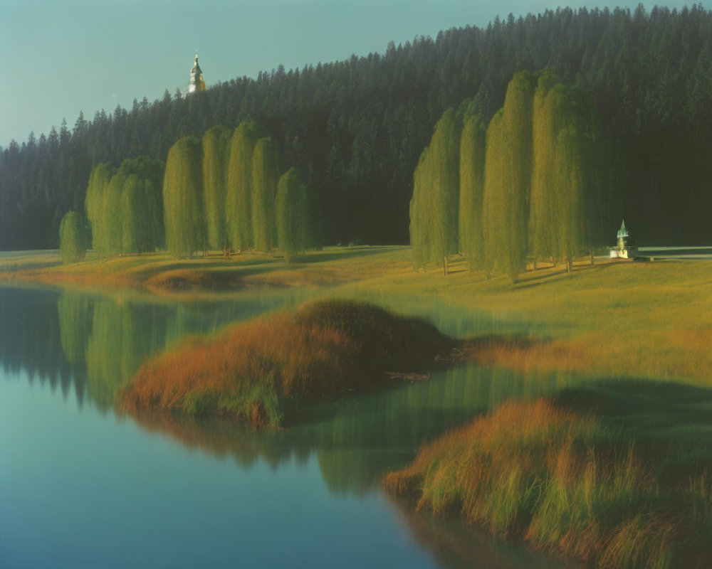 Tranquil lake scene with weeping willows, green roof structure, and distant white tower in