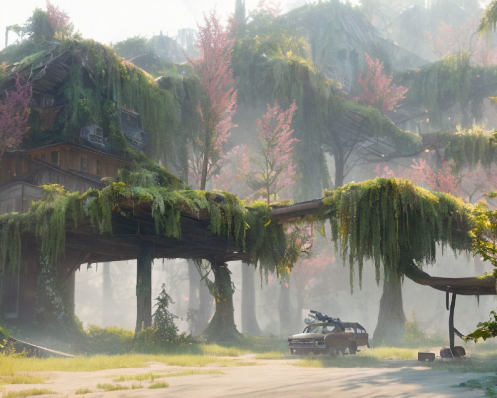 Abandoned cityscape with overgrown vegetation and rusted car.