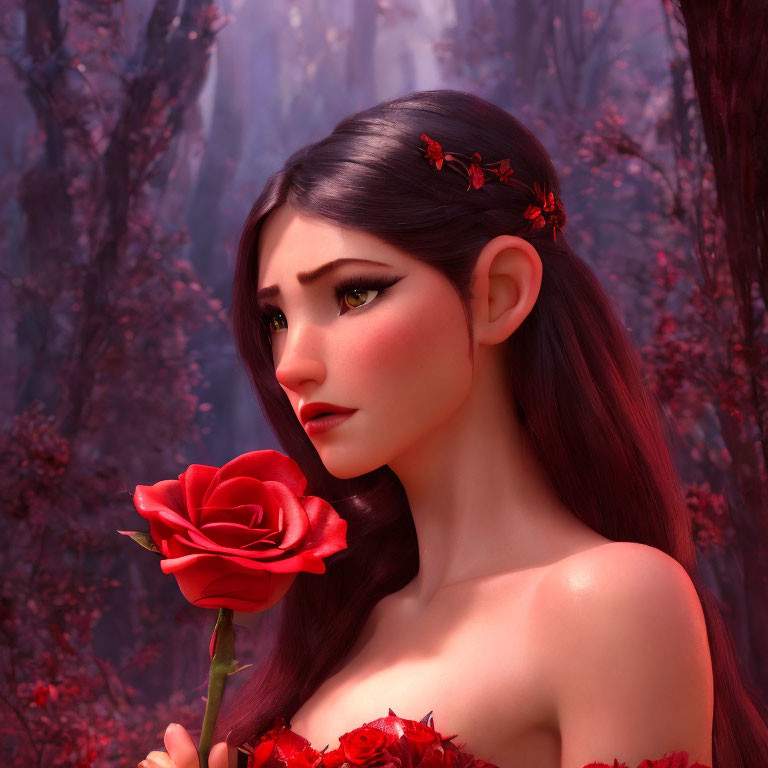 Digital art portrait of young woman with dark hair and red flowers, holding a rose, in mystical forest