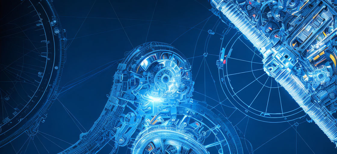 Detailed futuristic machinery digital illustration with glowing blue elements and complex mechanical details.