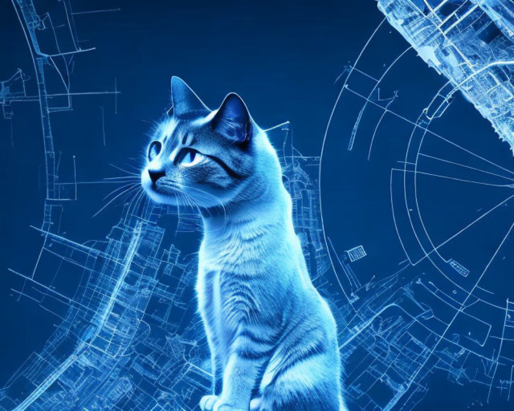 Futuristic blue cityscape with cat and architectural diagrams