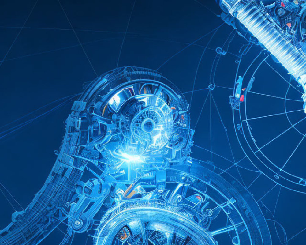 Detailed futuristic machinery digital illustration with glowing blue elements and complex mechanical details.