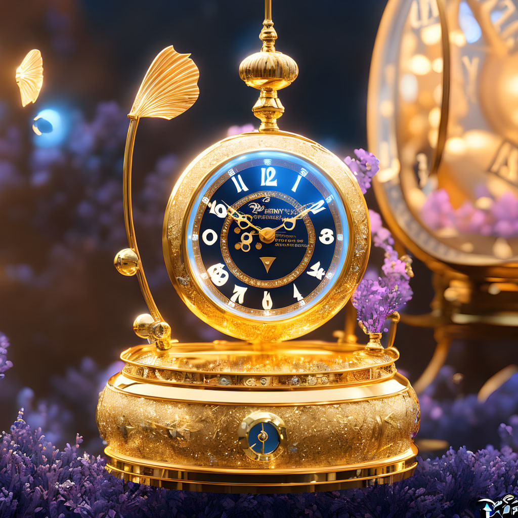 Golden clock with blue face and visible gears in floral setting.