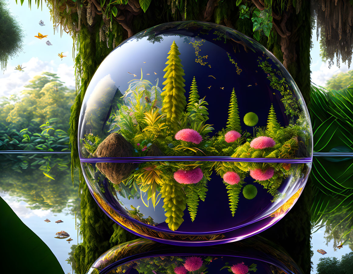 Reflective sphere in lush forest with butterflies under bright sky