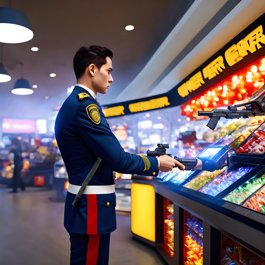 Digital Male Character Choosing Items from Colorful Candy Stand in Vibrant Store