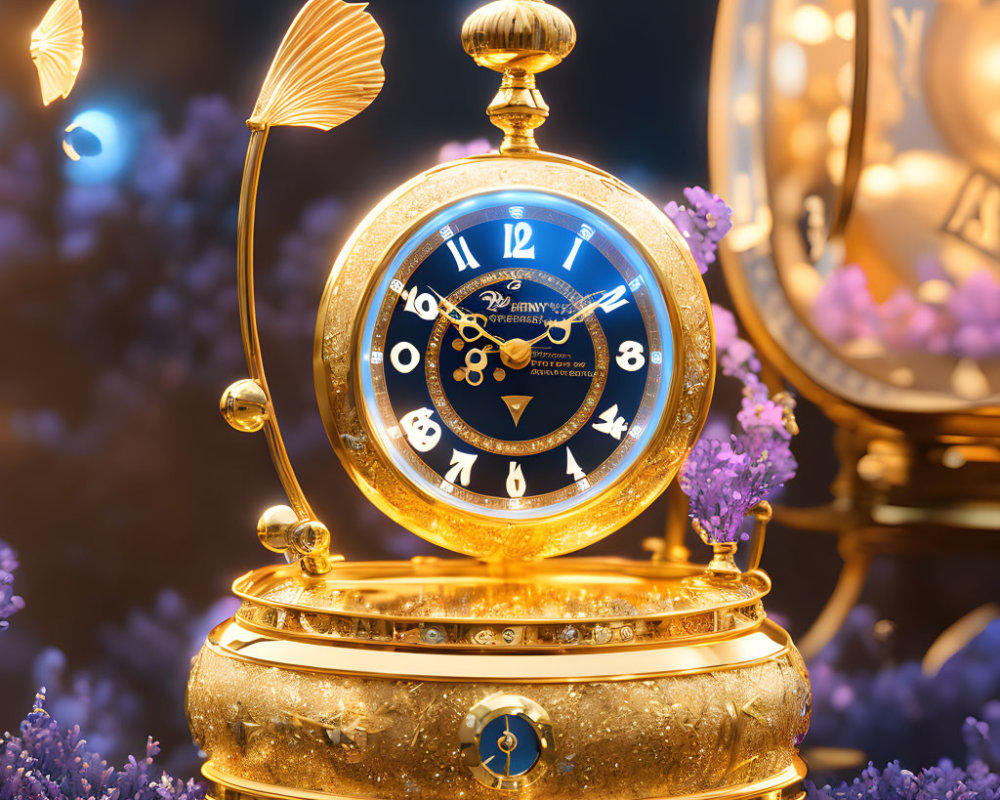 Golden clock with blue face and visible gears in floral setting.