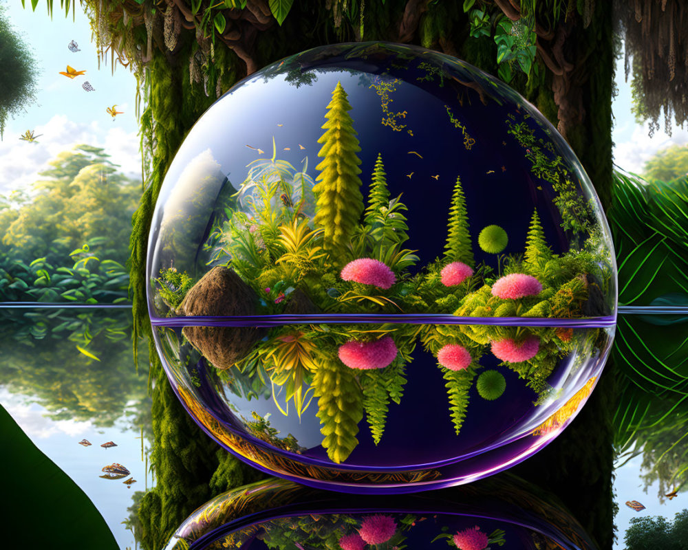 Reflective sphere in lush forest with butterflies under bright sky