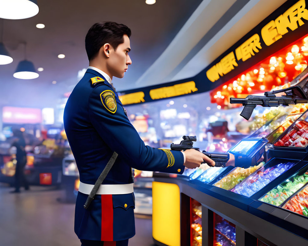 Digital Male Character Choosing Items from Colorful Candy Stand in Vibrant Store