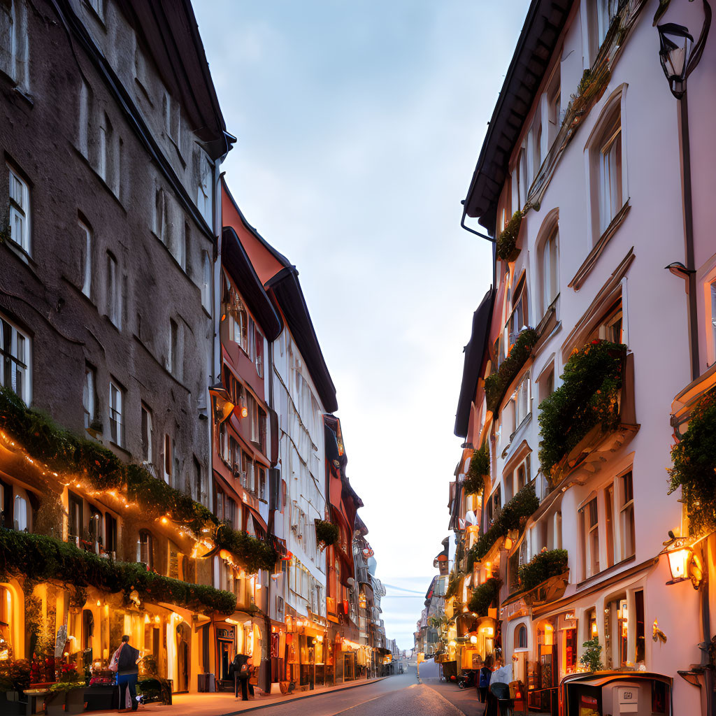 Picturesque European Street with Illuminated Buildings at Dusk