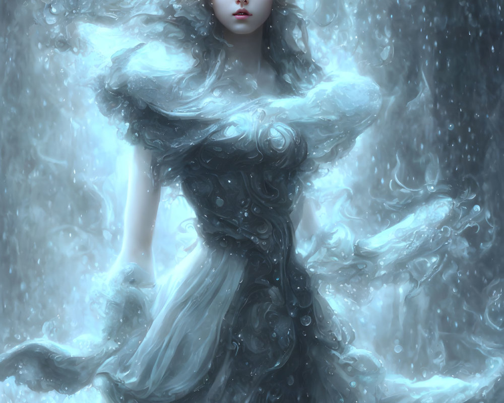 Woman in elegant dress surrounded by magical ice and snow swirls