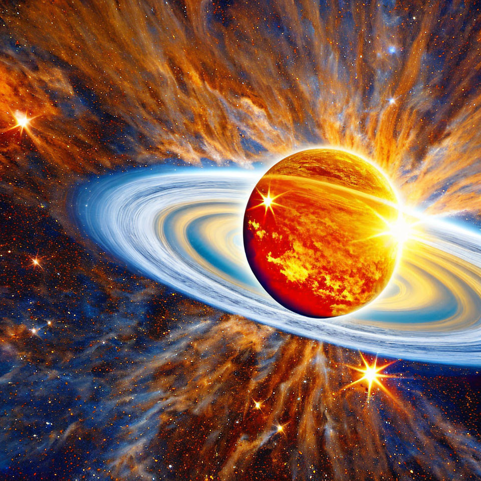 Fiery planet with rings in star-filled galaxy scene