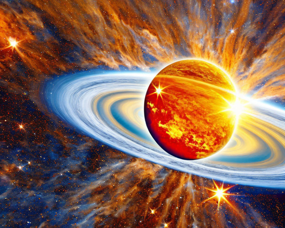 Fiery planet with rings in star-filled galaxy scene