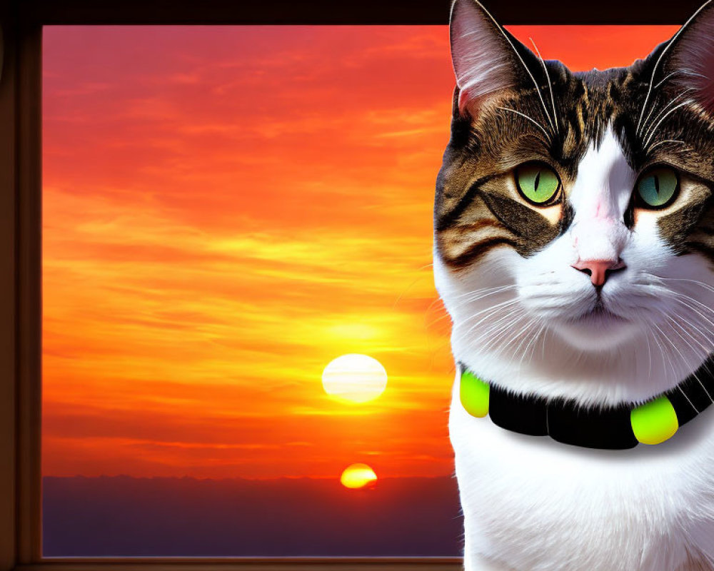 Tabby cat with green collar gazes at vivid sunset through window