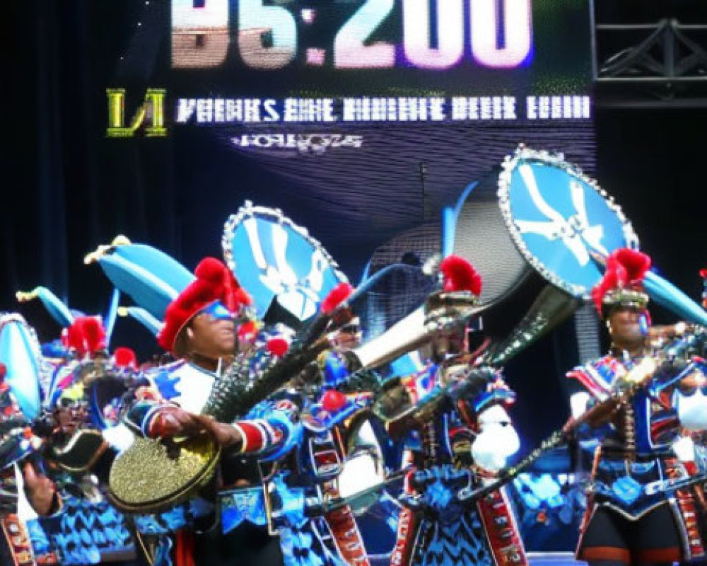 Colorful marching band performs in front of electronic scoreboard displaying "96-200