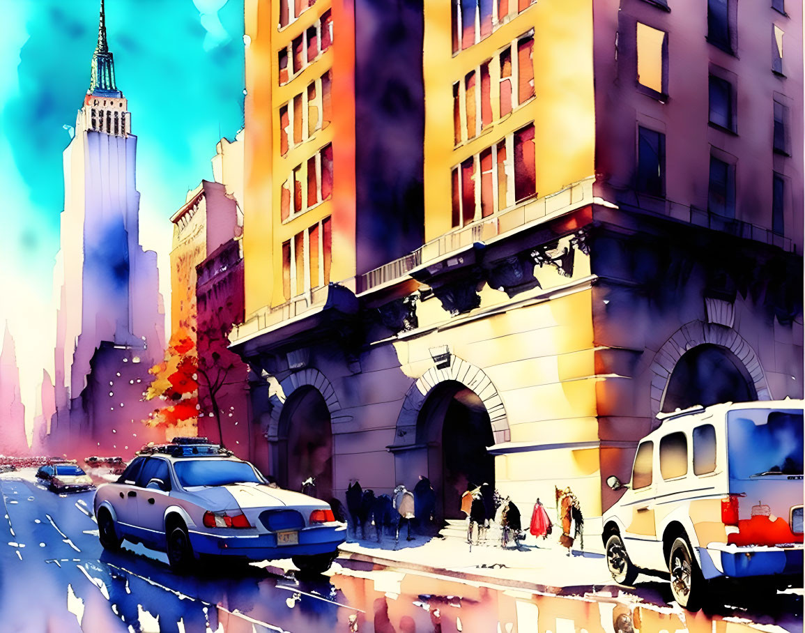 Vibrant city street scene with vehicles, pedestrians, and tall buildings