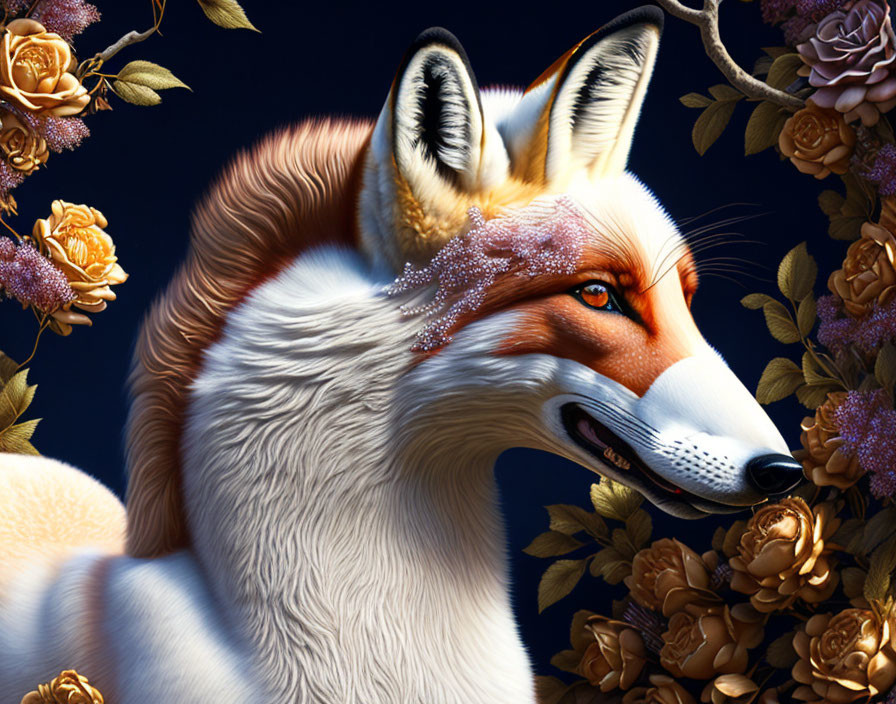 Detailed digital art: Majestic fox with golden roses on dark blue.