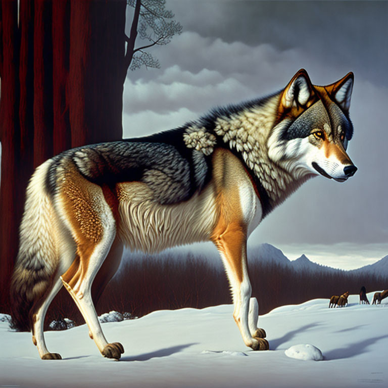 Detailed Illustration: Wolf in Snow with Forest Edge and Deer Figures