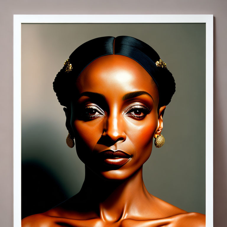 Framed portrait of woman with striking makeup and gold earrings