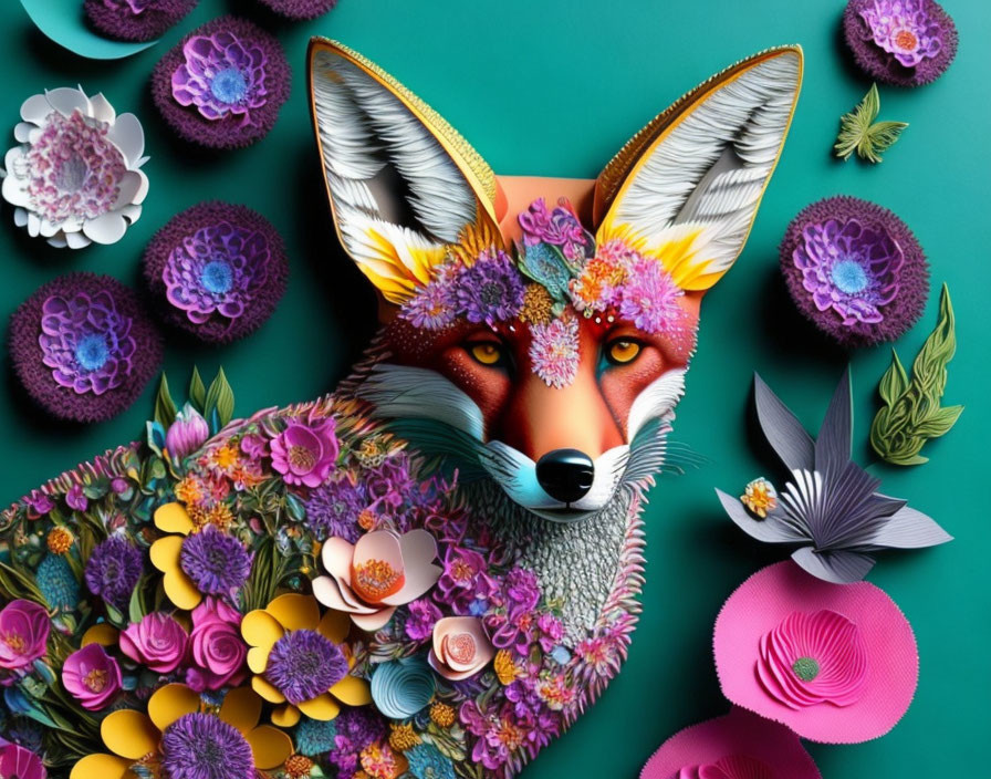 Vibrant Fox Art with Paper Flowers on Teal Background