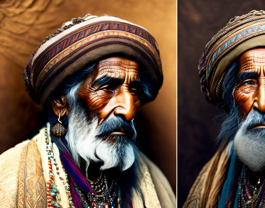 Elderly man in colorful turban and traditional jewelry on warm backdrop