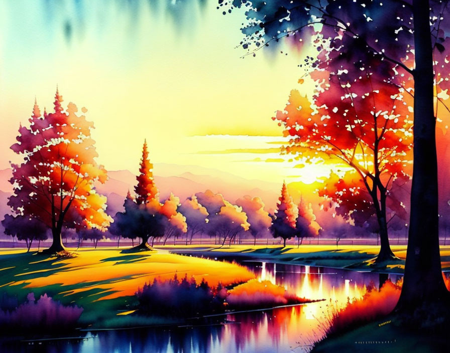 Vibrant sunset landscape watercolor painting with trees, river, and colorful skies