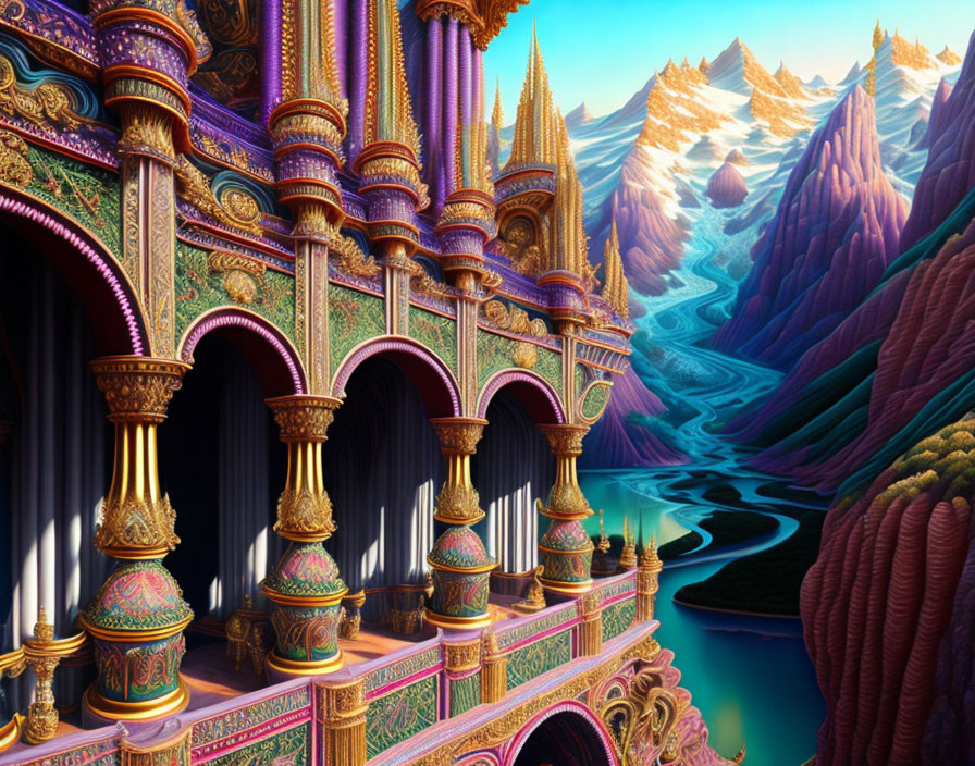 Fantastical landscape with purple and gold architecture by a winding river