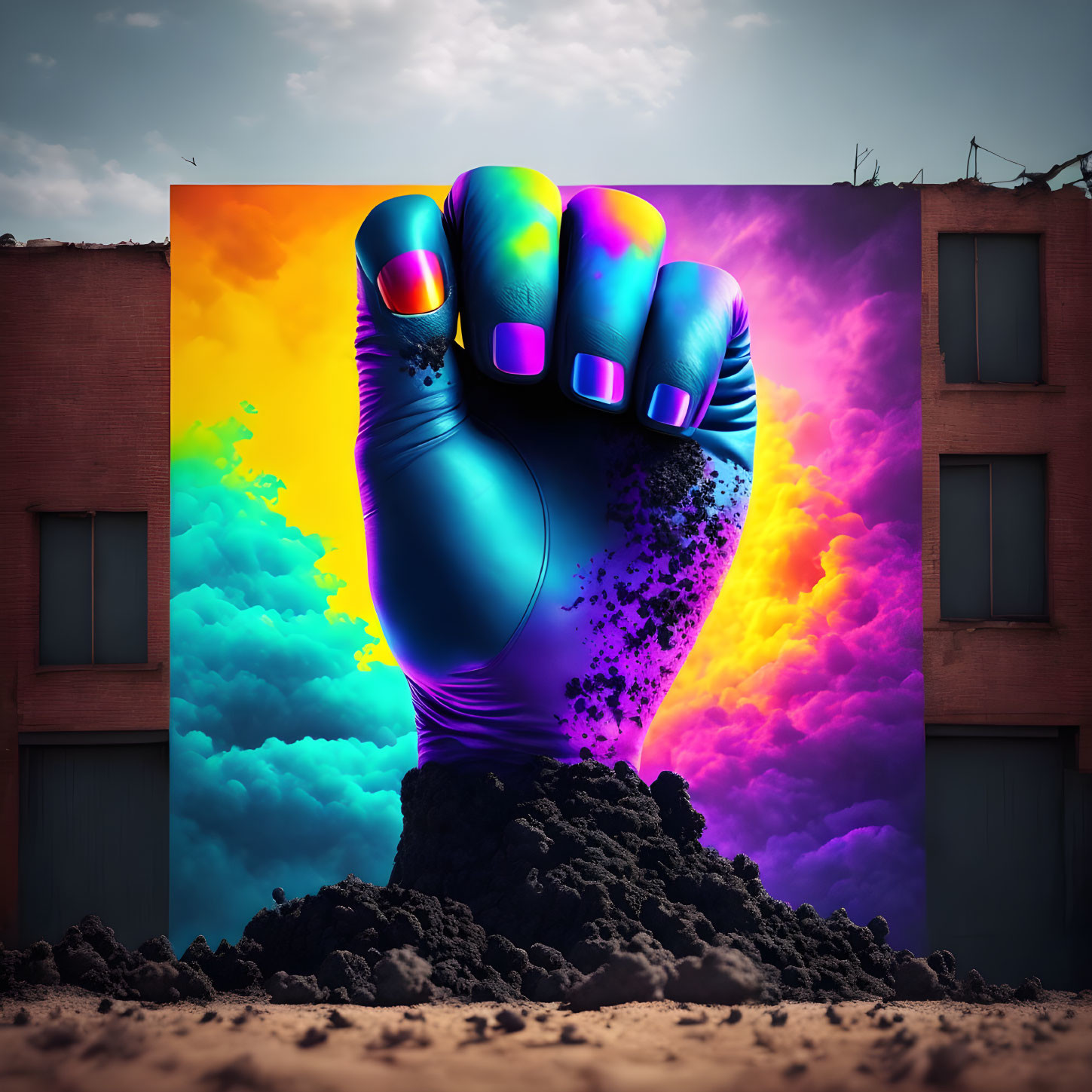 Colorful mural featuring rising fist between buildings in pink, blue, and purple hues