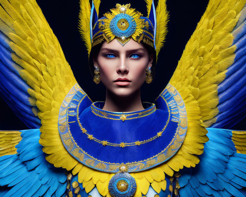 Portrait of a person with blue and yellow feathered wings and headpiece, gold accents and jewels on