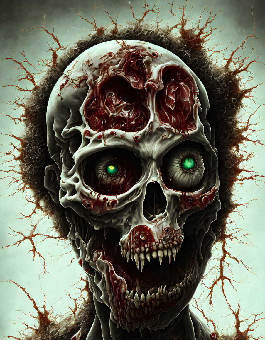 Detailed Graphic Illustration of Monstrous Skull with Exposed Brain, Blood, and Green Eyes