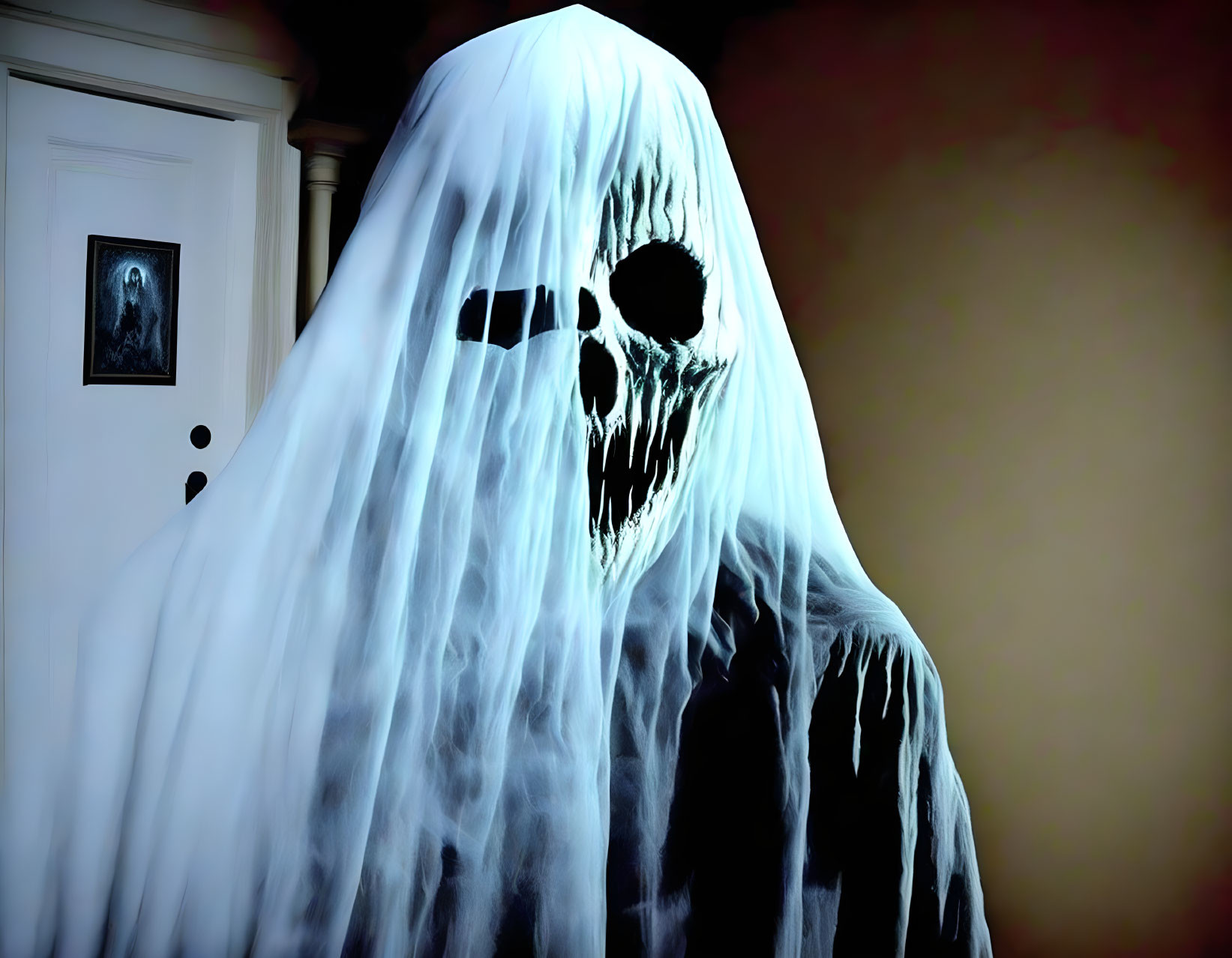 Ghostly figure with white sheet and hollow eyes in dimly lit room