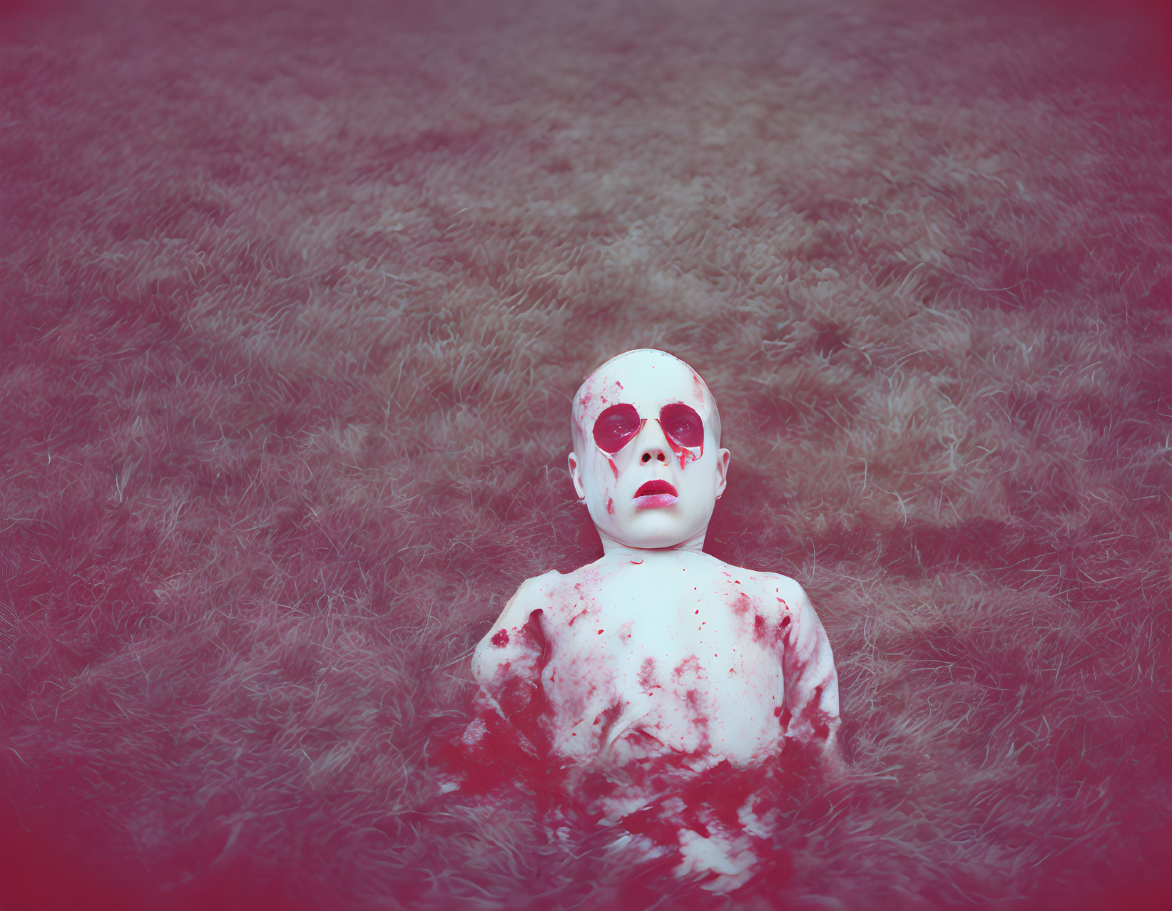 Person with white body paint and dark eye sockets lying on grassy field