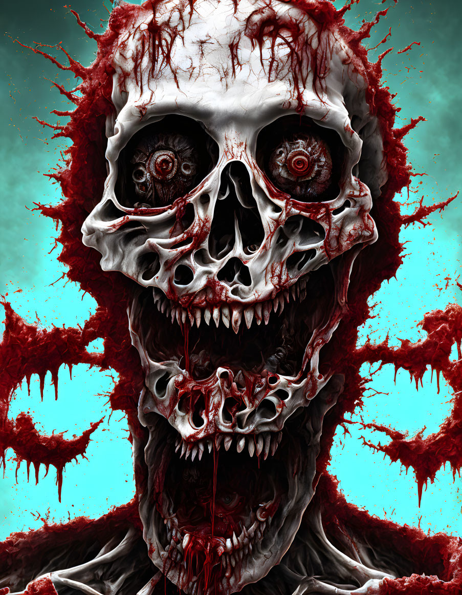 Sinister skull with multiple eyes, sharp teeth, and bloodstains on bluish backdrop