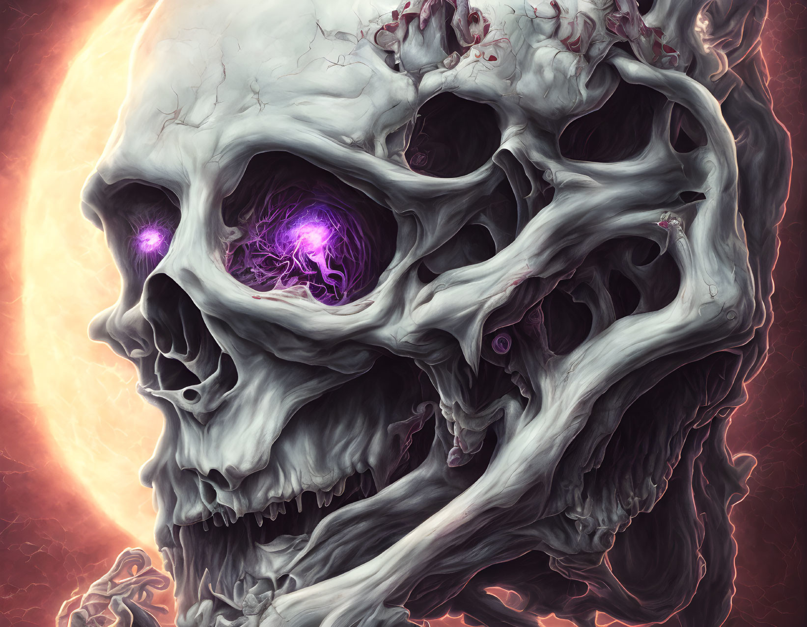 Detailed illustration: Skull with purple glowing eyes on fiery orange sphere background.