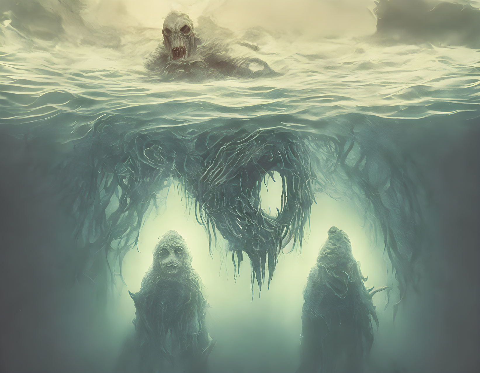 Ghostly figures and skull in eerie underwater scene with dark tendrils.