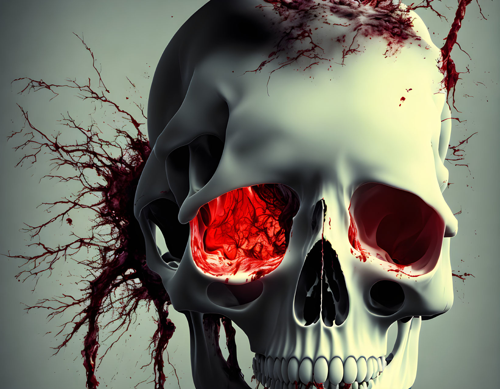 3D Human Skull Rendering with Red Splash on Gray Background