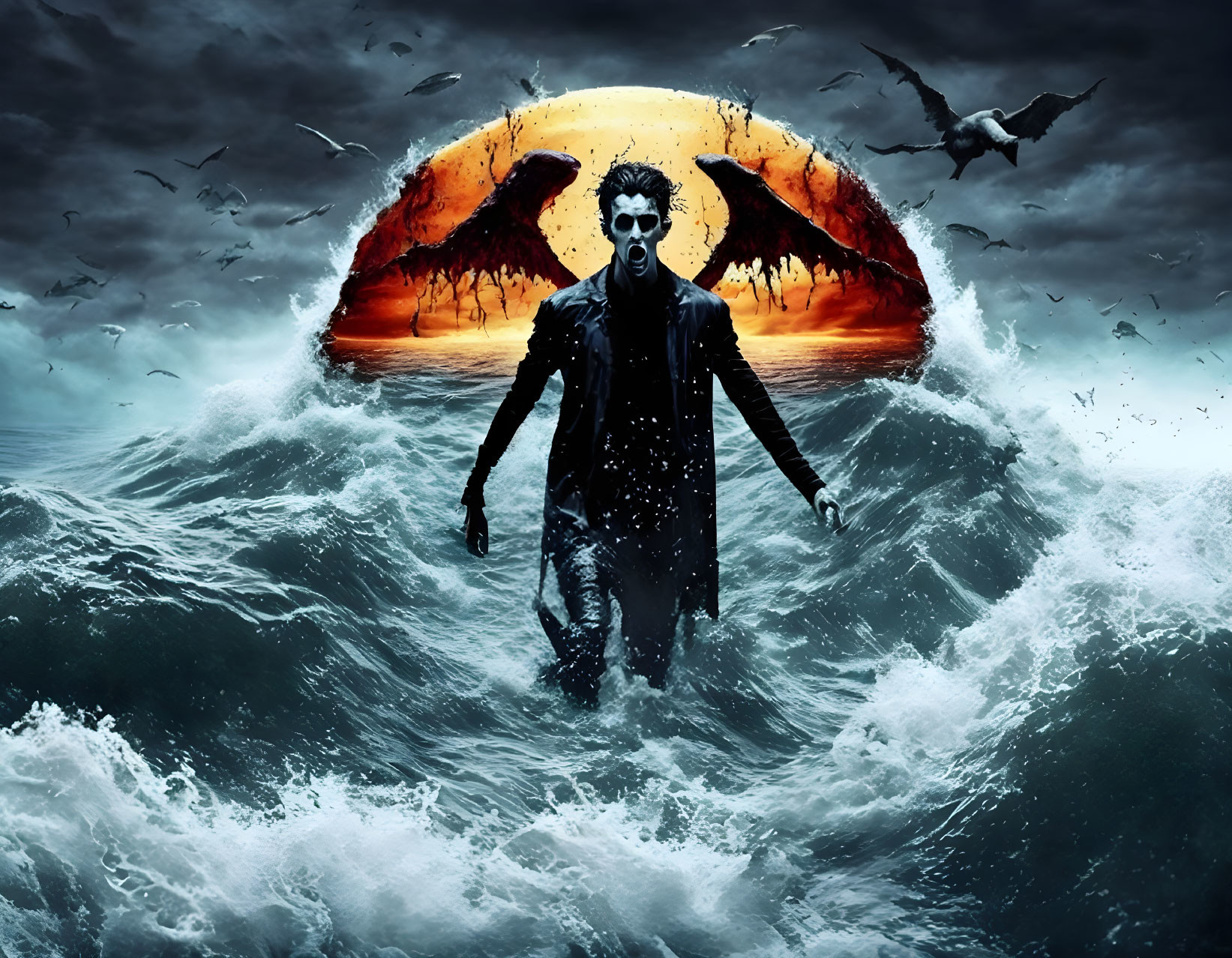 Man emerging from stormy ocean under fiery-eyed moon.