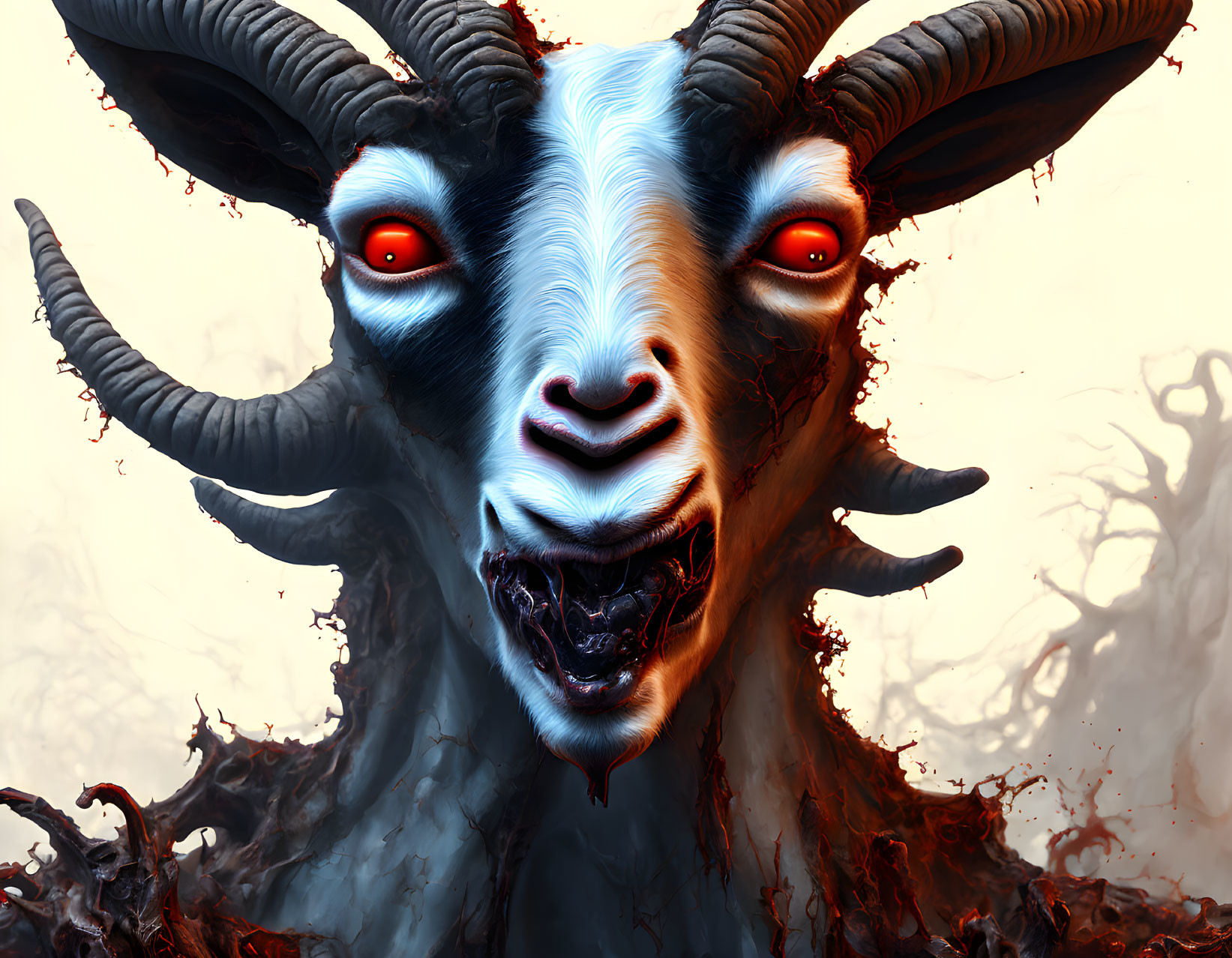 Detailed digital artwork: Menacing goat-like creature with red eyes, curved horns, and fierce expression in