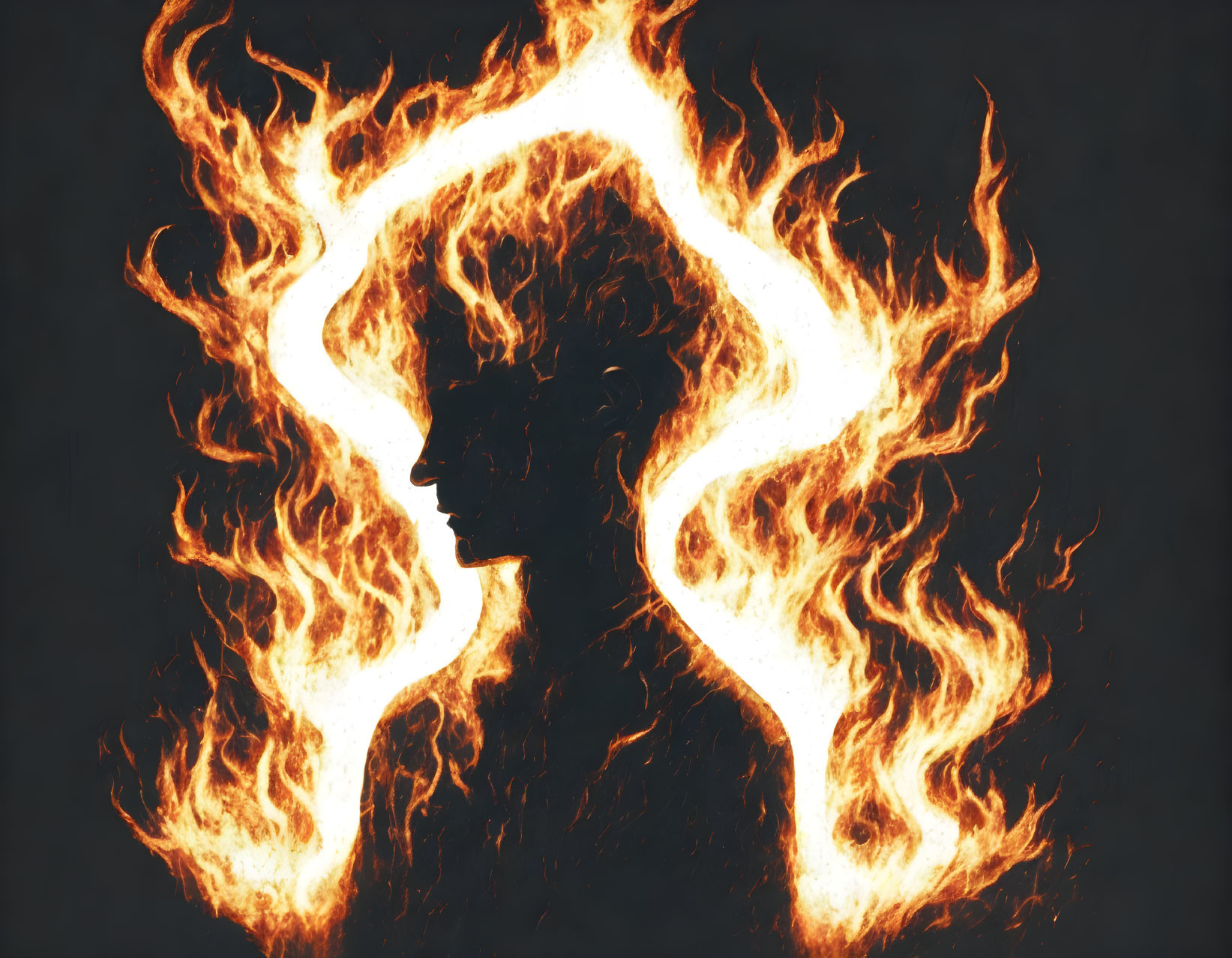 Profile silhouette surrounded by fiery flames on dark background