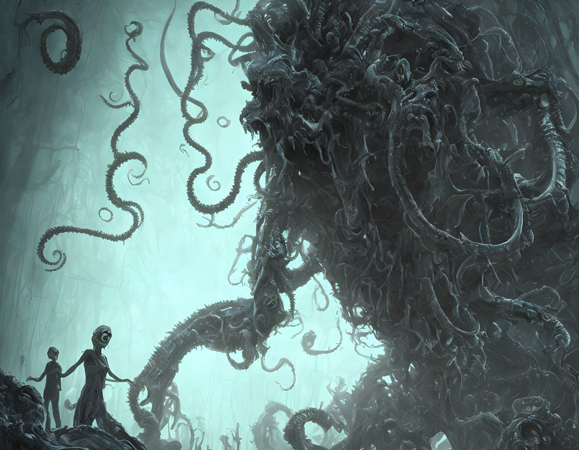 Gigantic tentacled creature overlooks two figures in misty landscape