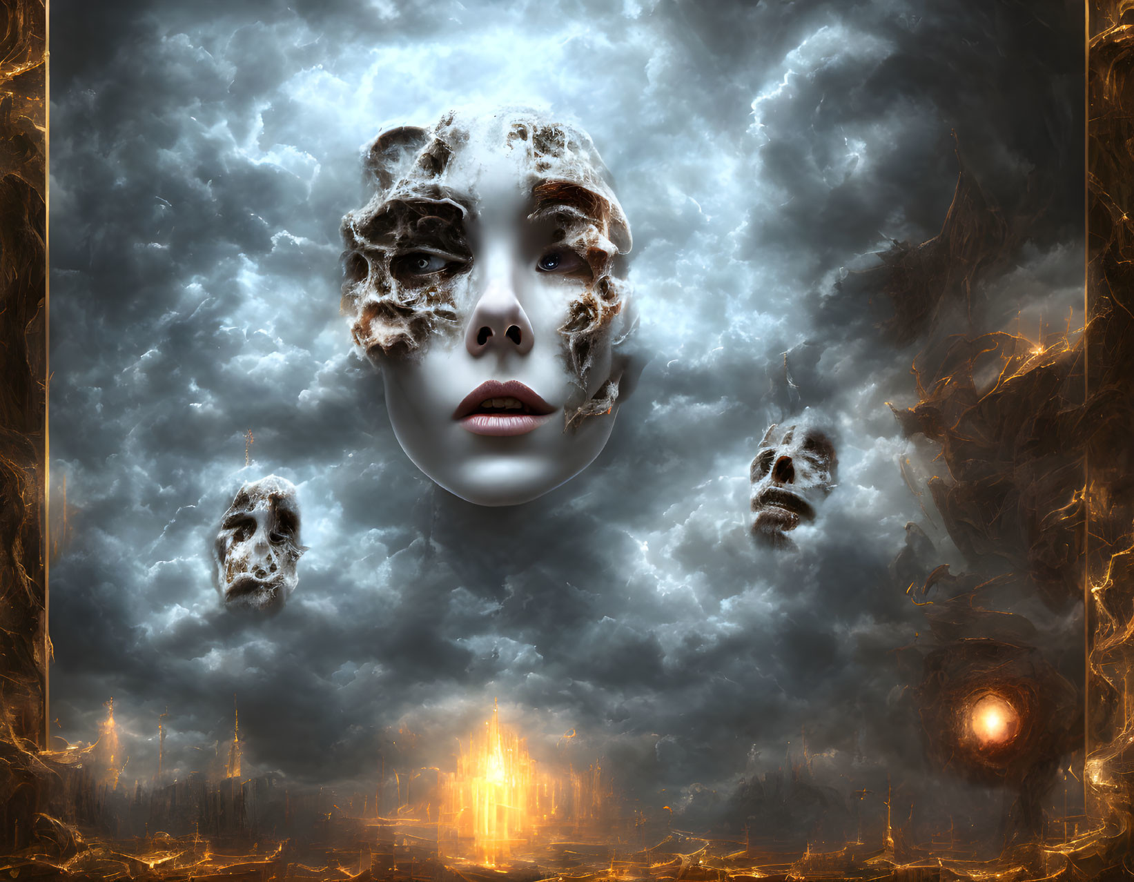 Large ethereal female face with floating skulls in surreal stormy sky and fiery landscape