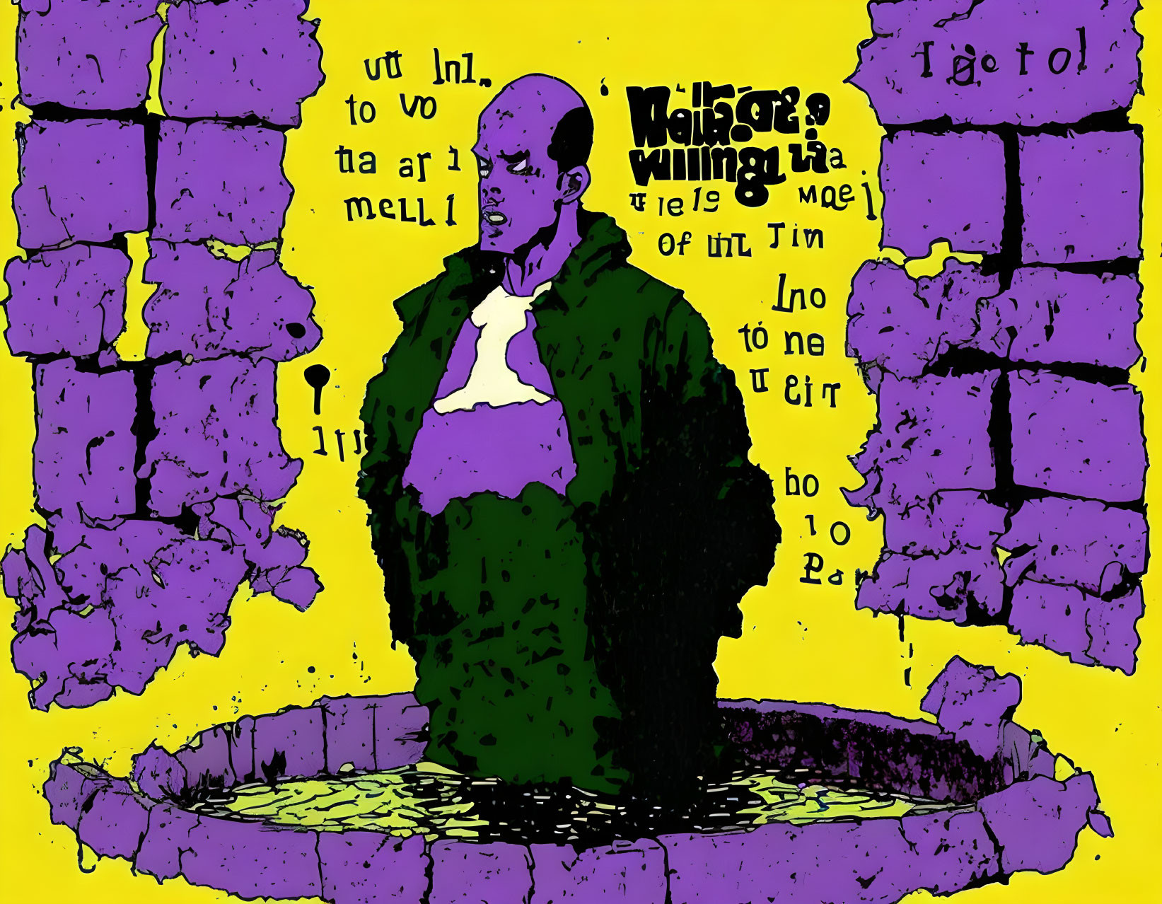 Bald Person in Green Jacket on Comic Book Style Graphic