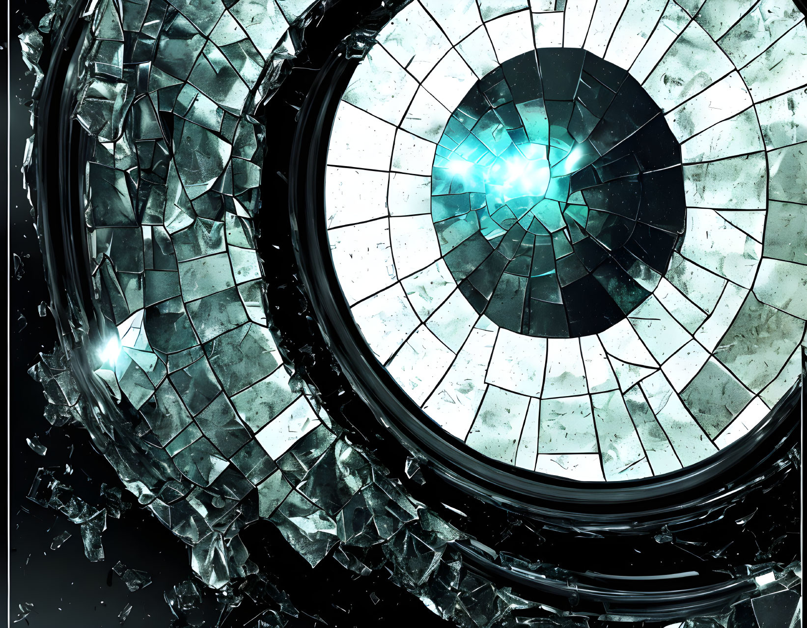 Futuristic shattered glass structure with glowing blue core on dark background