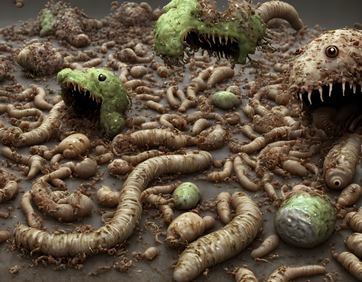 Grotesque scene with worm-like creatures and monstrous heads emerging from the ground