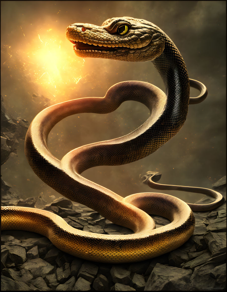 Detailed digital art: Snake with bright yellow eyes, coiled on rocks, illuminated orb in background