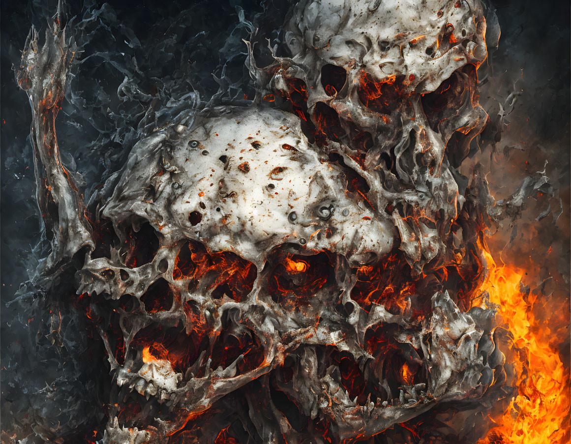 Digital Art: Three Skulls in Flames with Fiery Eye Glow