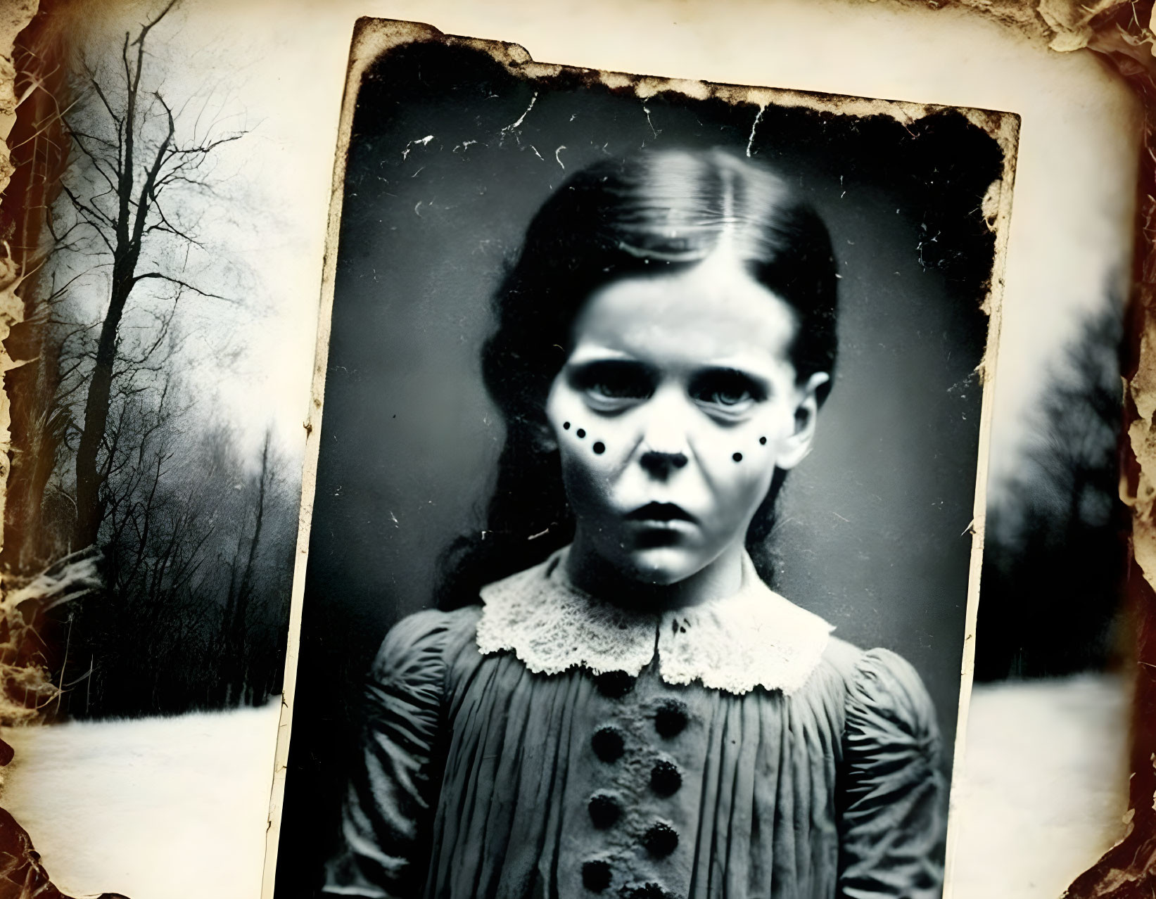 Young girl in vintage dress with solemn expression and dark marks on cheeks in sepia-toned photo.