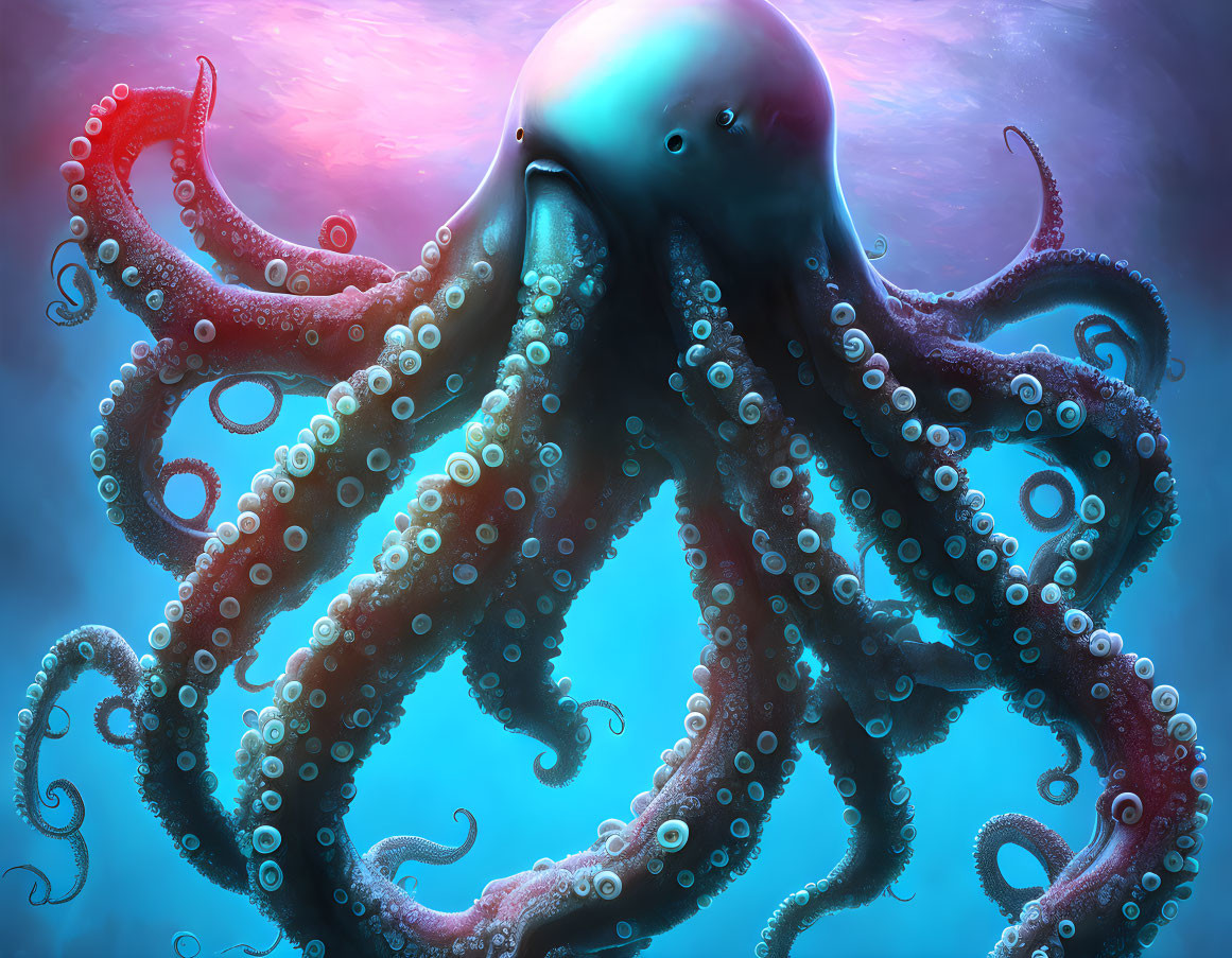 Detailed Octopus Illustration with Extended Tentacles in Vibrant Blue and Pink Hues