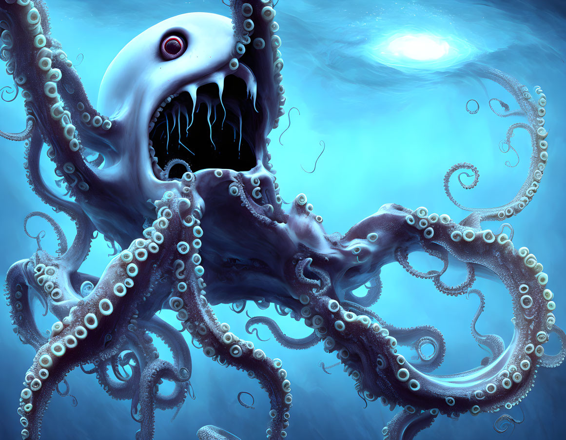 Giant octopus with menacing expression in deep blue underwater scene